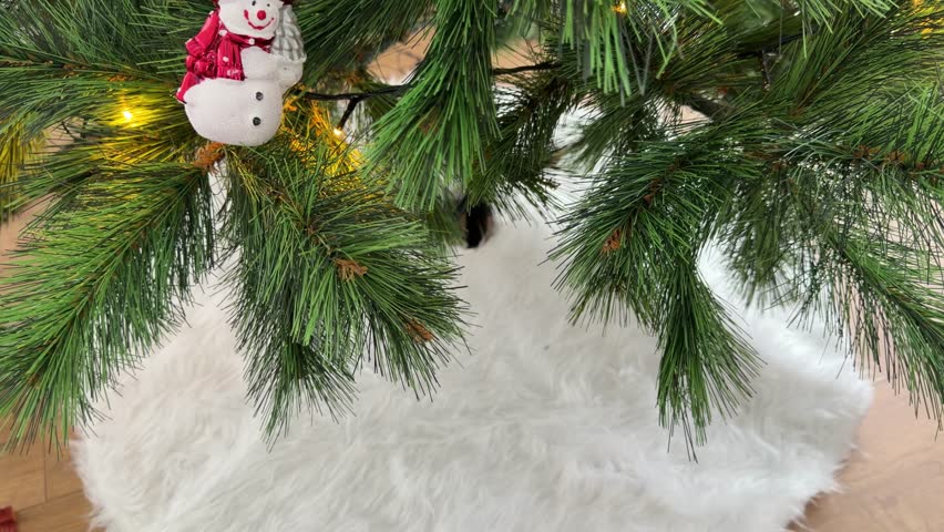Close Up Pan of Ornaments on a Decorated Christmas Tree. The camera pans up from a white faux-fur tree skirt to reveal various colorful ornaments on a decorated Christmas tree. Glass baubles, a small snowman figure, and warm fairy lights are seen among the green branches.