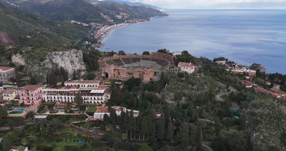 Aerial view of the Ancient Theatre of Taormina, Italy.