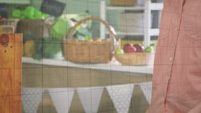 Animation of multiple graphs over caucasian woman examining tomatoes and using phone in supermarket. Digital composite, multiple exposure, report, finance, food, buying and technology concept. - Powered by Shutterstock - Get 15% off with code: PIKWIZARD15