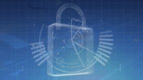 Animation of radar, light, graphs, data and digital padlock on blue background. Computers, data processing, digital safety and security concept digitally generated video. - Powered by Shutterstock - Get 15% off with code: PIKWIZARD15