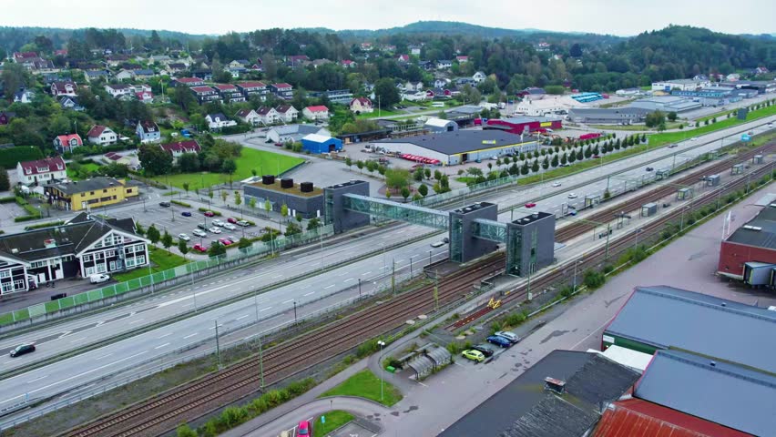 Aerial view of Älvängen train station and town near E45, north of Gothenburg