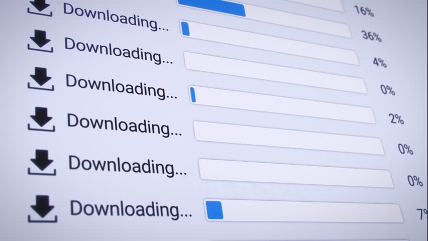 Video animation of the process of downloading multiple files from the Internet on a computer monitor screen. A computer monitor displaying information about the data download in real time, including percentages.