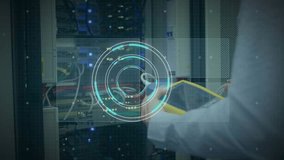 Animation of scope scanning and data processing over caucasian man in server room. Global technology, computing and digital interface concept digitally generated video. - Powered by Shutterstock - Get 15% off with code: PIKWIZARD15