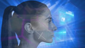 Animation of level up over profile of caucasian woman and diverse shapes on digital screens. Data processing, business, technology, digital screen and technology concept digitally generated video. - Powered by Shutterstock - Get 15% off with code: PIKWIZARD15