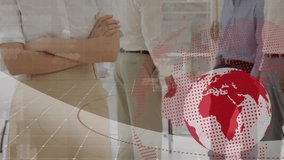 Animation of globe and data over happy caucasian businesswoman. Business, communication and technology concept digitally generated video. - Powered by Shutterstock - Get 15% off with code: PIKWIZARD15