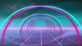 Animation of high score text banner and purple light trails over neon shapes in seamless pattern. Video game interface and technology concept - Powered by Shutterstock - Get 15% off with code: PIKWIZARD15