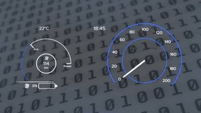 Animation of circuit board pattern over speedometers against binary codes in background. Digitally generated, hologram, coding, illuminated, measuring, machine learning and technology concept. - Powered by Shutterstock - Get 15% off with code: PIKWIZARD15