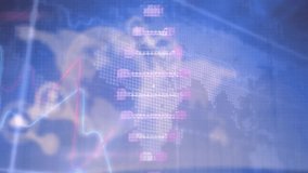 The video is a digitally generated graphic representing a futuristic technology interface. The video features a blue digital screen with a clock, financial data and graphs processing. The dna is on - Powered by Shutterstock - Get 15% off with code: PIKWIZARD15