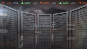 Animation of clock, graphs and trading boars over server rack against abstract background. Digital composite, multiple exposure, report, business, stock market, technology and network server concept. - Powered by Shutterstock - Get 15% off with code: PIKWIZARD15