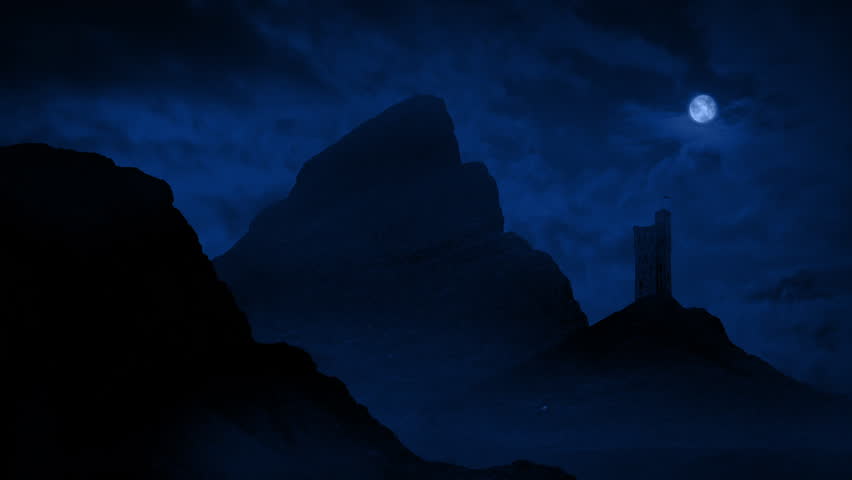 Moon Above Castle Tower In The Mountains
