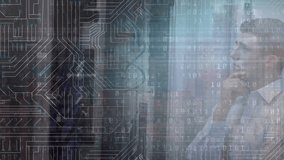 Animation of computer circuit board and binary coding over caucasian businessman in server room. global technology, data processing and digital interface concept digitally generated video. - Powered by Shutterstock - Get 15% off with code: PIKWIZARD15