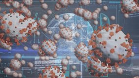 Animation of covid 19 cells with globe and data processing. global covid 19 pandemic and data processing concept digitally generated video. - Powered by Shutterstock - Get 15% off with code: PIKWIZARD15