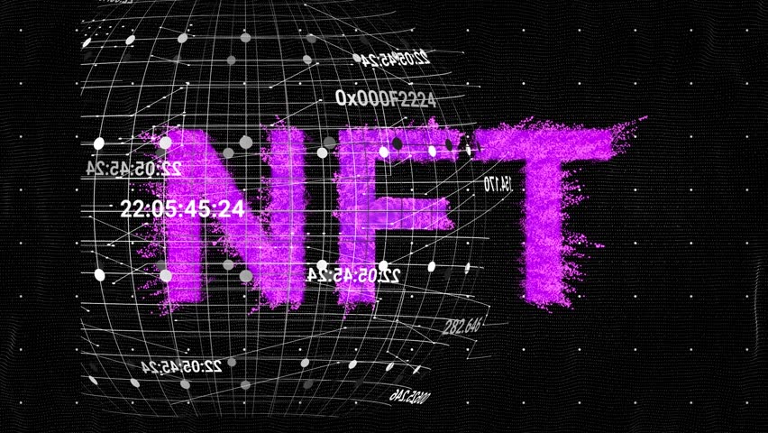 Animation of data processing with globe over nft text on black background. Global technology and digital interface concept digitally generated video.