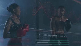 Animation of level up text with data against african boxer giving high five to female trainer at gym. Digital composite, multiple exposure, wellbeing, fitness, active lifestyle, sports training. - Powered by Shutterstock - Get 15% off with code: PIKWIZARD15