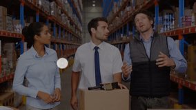 Animation of network of connections with icons over diverse workers in warehouse. Global business and digital interface technology concept digitally generated video. - Powered by Shutterstock - Get 15% off with code: PIKWIZARD15