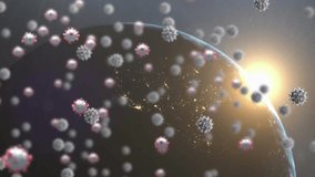 Animation of covid 19 cells flying over globe on blue background. Global covid 19 pandemic and healthcare concept digitally generated video. - Powered by Shutterstock - Get 15% off with code: PIKWIZARD15