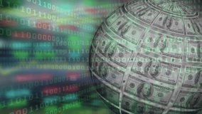 Animation of changing numbers and binary coding over globe of american dollar bills spinning. Global economy and business technology concept - Powered by Shutterstock - Get 15% off with code: PIKWIZARD15