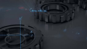 Animation of mathematical equations and diagrams over moving mechanical gears on table. Digitally generated, hologram, illustration, mechanism, formulas, solutions and education concept. - Powered by Shutterstock - Get 15% off with code: PIKWIZARD15