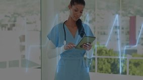 female nurse tapping tablet indoors, displaying ECG heartbeat line overlay for medical technology. Healthcare, technology, innovation, professionalism, modern, wellness, clinic - Powered by Shutterstock - Get 15% off with code: PIKWIZARD15