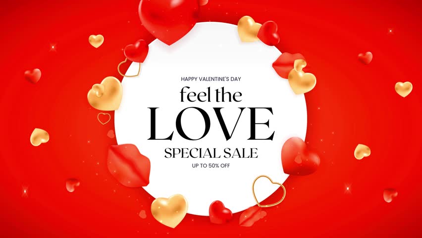 Floating gold and red heart shapes on vibrant red background with circular text frame promoting special sale love and romance