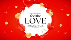 Floating gold and red heart shapes on vibrant red background with circular text frame promoting special sale love and romance - Powered by Shutterstock - Get 15% off with code: PIKWIZARD15