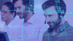 Animation of data processing over diverse business people wearing phone headsets. global business, data processing and digital interface concept digitally generated video. - Powered by Shutterstock - Get 15% off with code: PIKWIZARD15