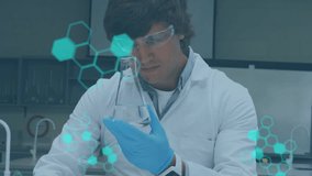 Animation of science data processing over caucasian scientist in laboratory. global science, connections, data processing and digital interface concept digitally generated video. - Powered by Shutterstock - Get 15% off with code: PIKWIZARD15