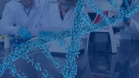 Animation of dna strand over caucasian scientists talking in lab. Global science and digital interface concept digitally generated video. - Powered by Shutterstock - Get 15% off with code: PIKWIZARD15