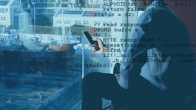 Animation of data processing and cloud over caucasian man using smartphone. Global business communication and data network concept digitally generated video. - Powered by Shutterstock - Get 15% off with code: PIKWIZARD15