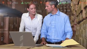 Animation of data processing over diverse business people with face masks using laptops. Logistics and transportation business concept. - Powered by Shutterstock - Get 15% off with code: PIKWIZARD15