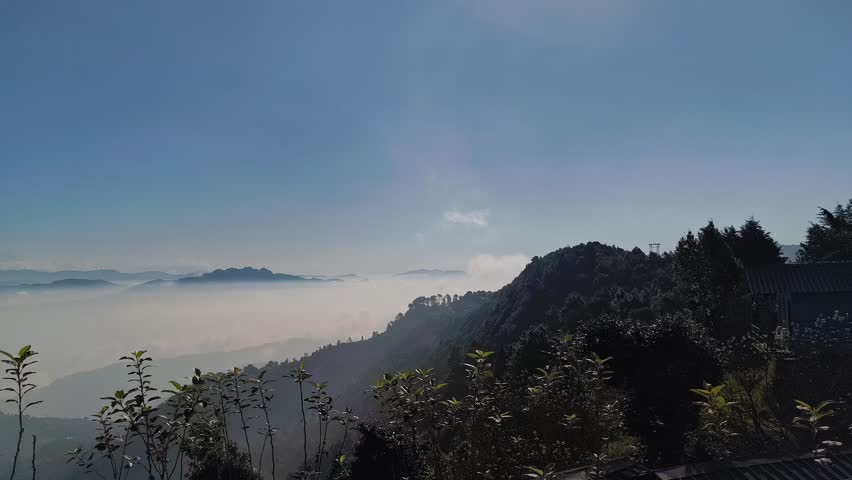 A breathtaking panoramic view of a majestic mountain range featuring snow-capped peaks on the horizon. A thick blanket of white clouds fills the deep valleys below, creating a stunning "sea of clouds" effect. The foreground features lush green vegetation and a dark, forested slope, contrasting with the bright blue sky and distant misty layers. This serene landscape captures the grandeur of high-altitude nature, possibly in the Himalayas, conveying a sense of peace and awe. The scene is bathed in bright daylight, highlighting the dramatic depth of the scenery.