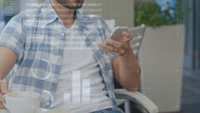 Animation of infographic interface over caucasian man using cellphone while drinking coffee. Digital composite, multiple exposure, drink ,beverages, report, office and technology concept. - Powered by Shutterstock - Get 15% off with code: PIKWIZARD15
