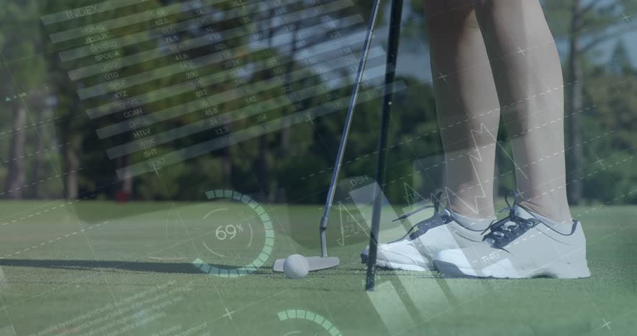 Animation of statistics and data processing over legs of female golf player with golf club and ball. Global sports, competition and data processing concept digitally generated video.