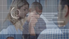 Animation of interface with data processing over diverse colleagues discussing together at office. Business data technology concept - Powered by Shutterstock - Get 15% off with code: PIKWIZARD15