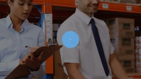 Animation of network of connections with icons over diverse business people working in warehouse. Global connections, delivery and shipping concept digitally generated video. - Powered by Shutterstock - Get 15% off with code: PIKWIZARD15