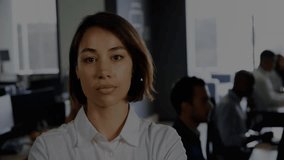 Animation of network of connections over businesswoman in office. Global finance, business, connections, computing and data processing concept digitally generated video. - Powered by Shutterstock - Get 15% off with code: PIKWIZARD15