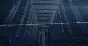 Server rack corridor projecting floating data visualization, with dotted graphs and numeric points. Technology, cybersecurity, automation, digital, data analytics, innovation, network - Powered by Shutterstock - Get 15% off with code: PIKWIZARD15