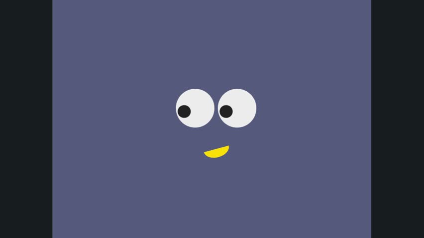 Minimalist 2D cartoon face with moving eyes and smile. Simple character animation on blue background.