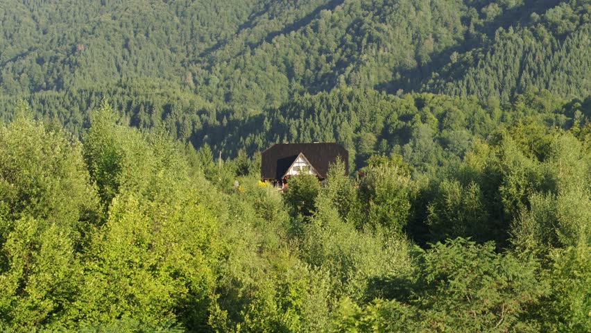 Cinematic drone shot of a rustic house surrounded by dense evergreen trees in a peaceful mountain landscape.