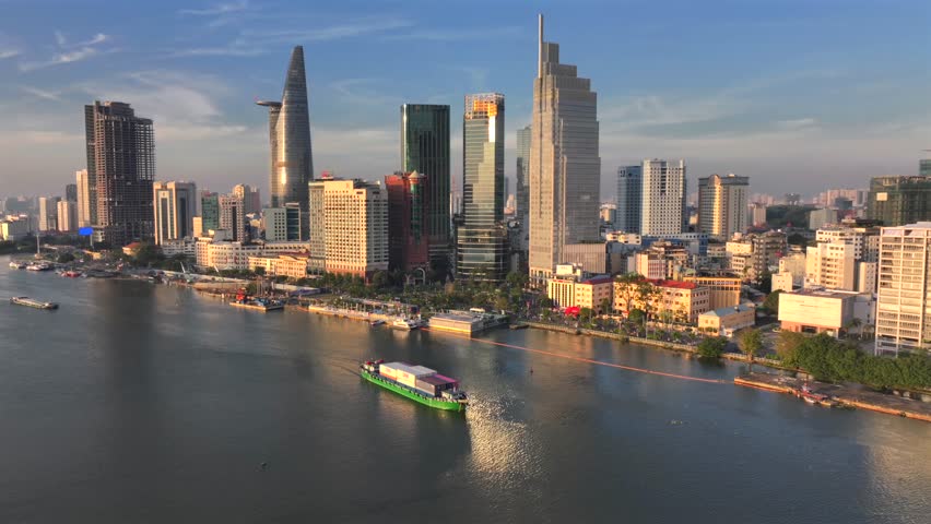 Ho Chi Minh City in Vietnam Aerial Sunrise View. Saigon Skyline with Skyscrapers. Financial and business center in Asia.