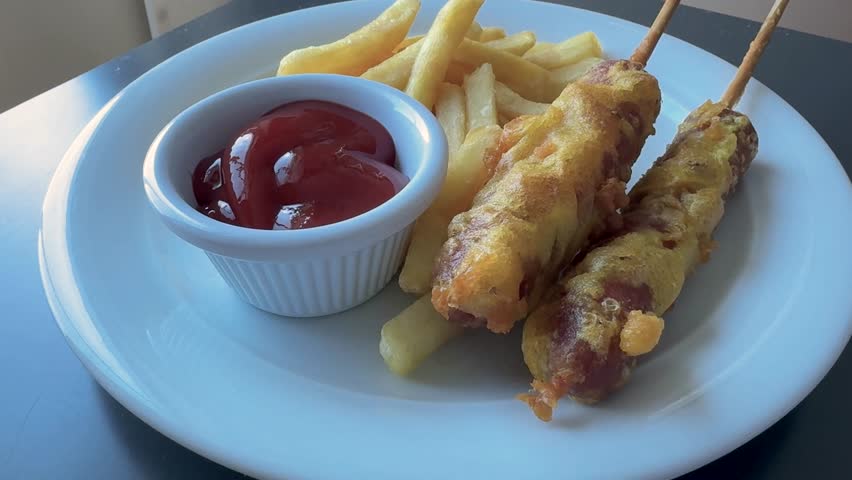 Eating a Battered Hotdogs on a Stick (Corndogs) and French Fries