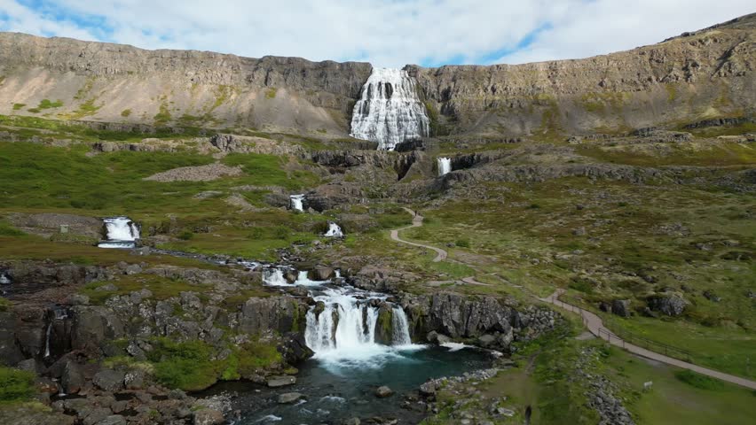 Dynjandi waterfall falls cascade Westfjords region of Iceland nature aerial drone