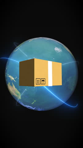Vertical animation of a shipping box orbiting Earth with glowing routes, representing global online shopping, international delivery, cross-border e-commerce, and worldwide logistics networks.