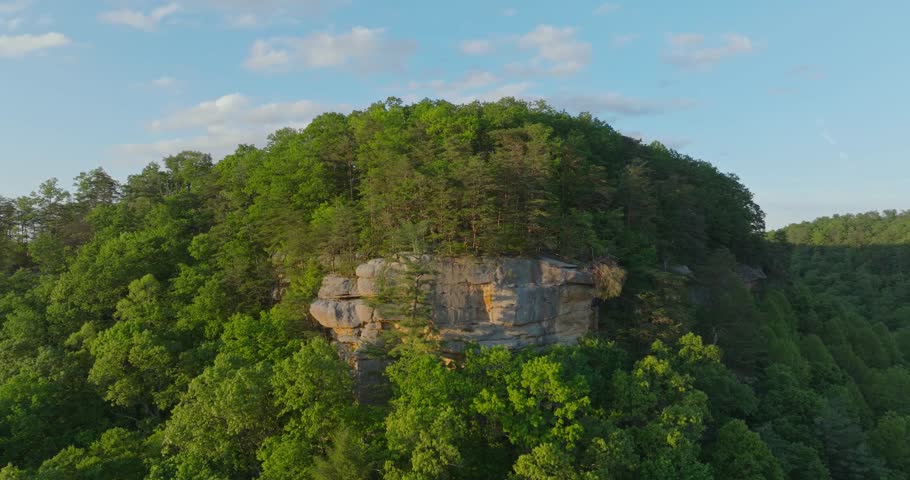 Aerial view of lush trees and rugged rock cliffs at Red River Gorge, Kentucky
