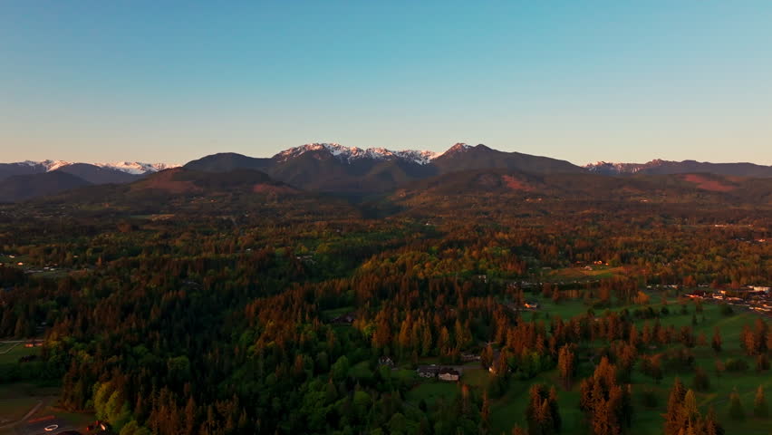 Aerial drone view of Lake Quinault at golden hour, capturing calm water, warm sunrise light, and surrounding rainforest in Olympic National Park. Ideal for nature