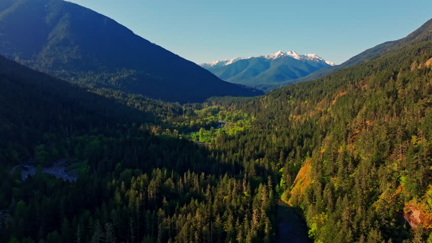 Aerial drone view of Olympic National Park in Washington, showcasing rugged mountain landscapes, forested slopes, and scenic alpine terrain. Ideal for nature and travel footage