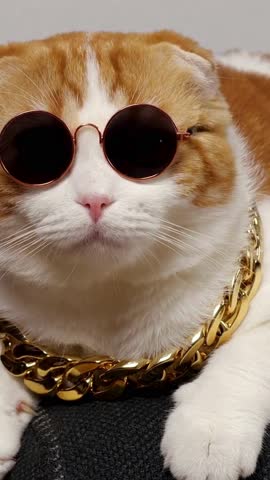 A cute orange cat is chilling , the cat is wearing sunglasses. cute cat video. vertical cat video. 