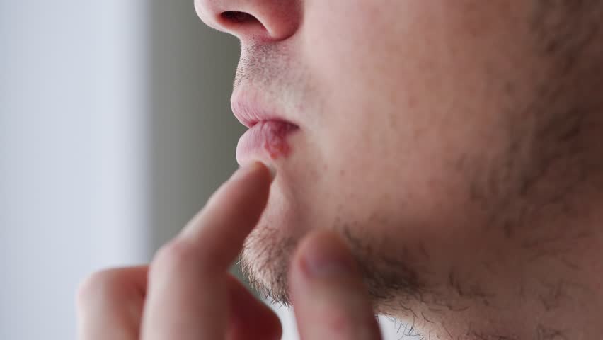 Close up shot of a man applying cream to a cold sore on his lip, caused by the herpes simplex virus. This medical condition is known for causing painful sores and requires targeted treatment