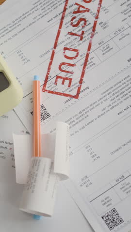 Vertical flat lay shot of cluttered table with overdue notices, calculator, envelopes and receipts symbolizing financial pressure and unpaid debts