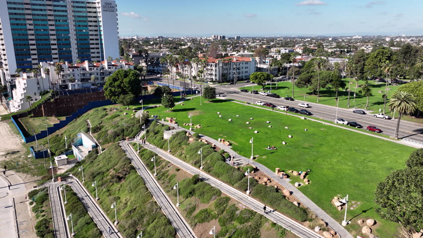 Long Beach, California USA - Aerial View of Bluff Park in Downtown on Ocean Blvd and Cherry on a Sunny Day Next to the Bike Path 
